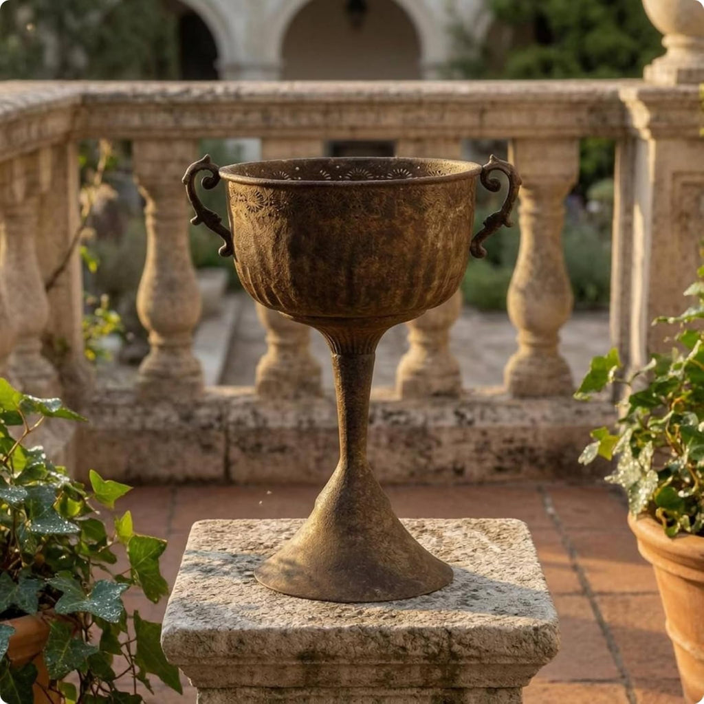 Outdoor Trophy Planter Urn Planter Pedestal Planter Flower Planter with Stone Like Brown Finish and Embossed Band