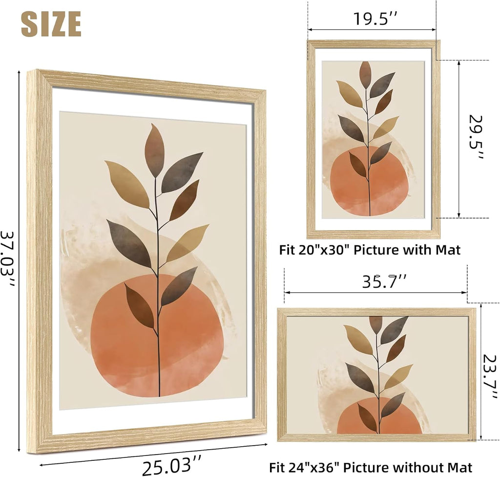24x36 Frame Natural Wood, Display 20x30 with Mat or 16x24 Without Mat, Wall Hanging Poster Frames with Plexiglass