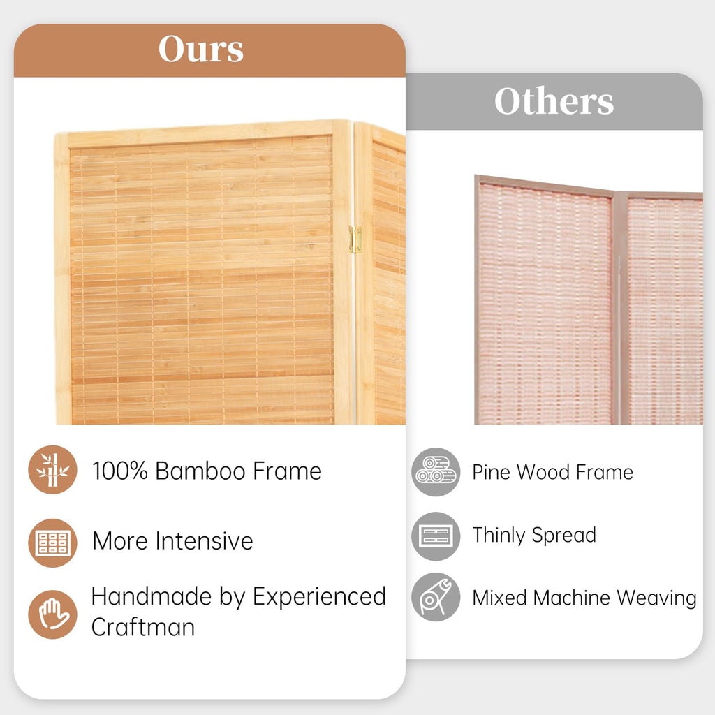 Room Divider Folding Privacy Screens, Hand-Made Natural Bamboo Room Dividers