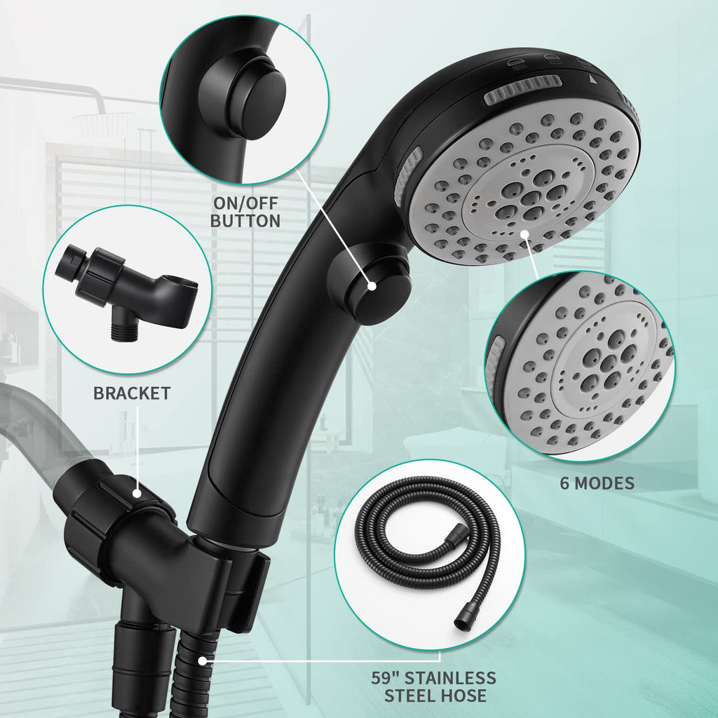 High Pressure 6 Setting Shower Head with Handheld, Shower Heads with ON/OFF Switch and Spa Spray - Matte Black
