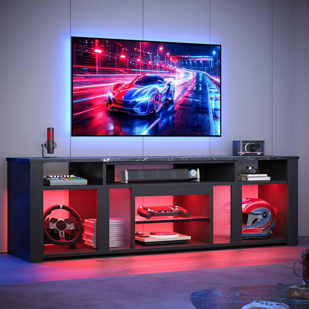 80 Inch TV Stand for 85 Inch TVs, Modern Open Entertainment Center with LED Lights & Adjustable Shelves, Media