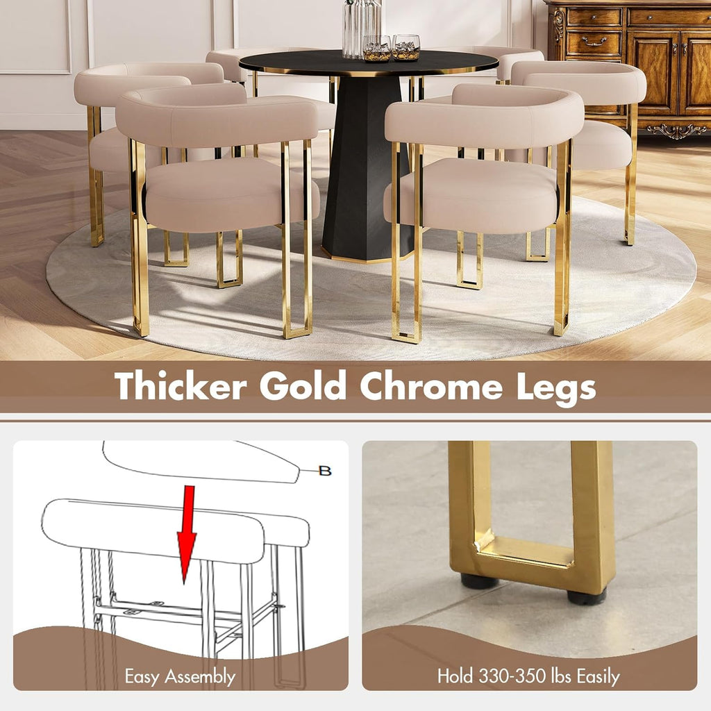 Velvet Dining Chairs Set of 4, Khaki Upholstered Barrel Armchairs with Gold Metal Legs for Kitchen Island, Mid