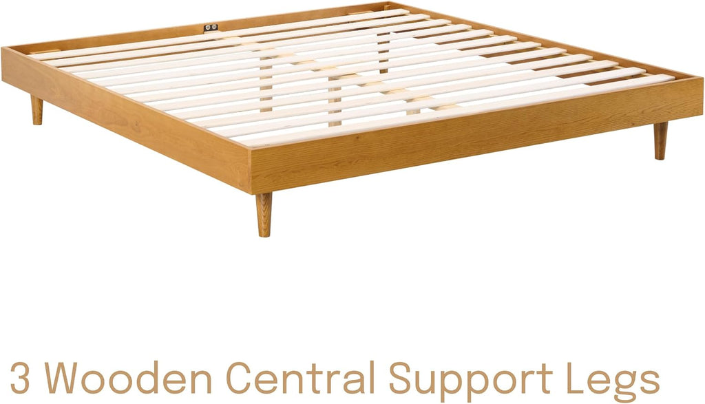 Fly Wooden Bed Frame Without Headboard, Solid Oak and Rubber Wood Foundation with Silent Slats and Wood Central