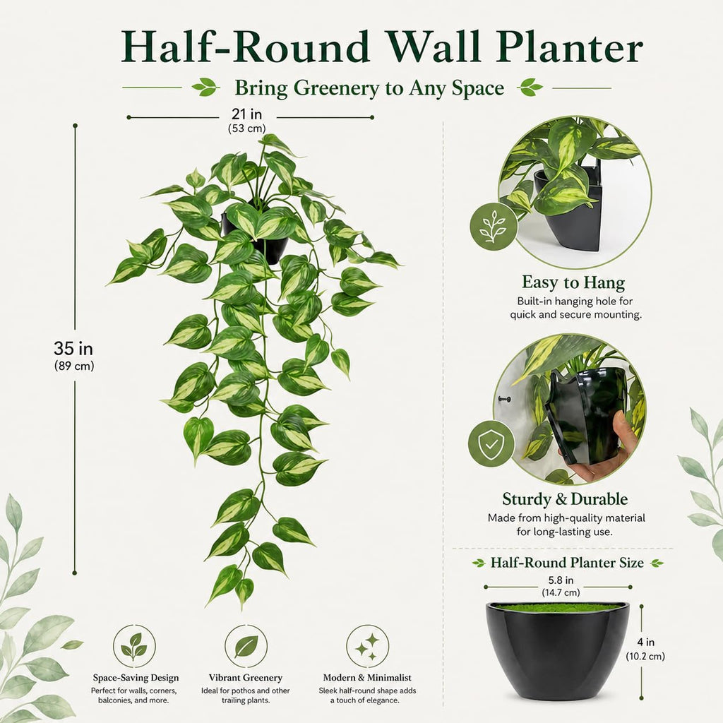 Artificial Pothos Hanging Plants - 2 Pack Silk Ivy Vines with Black Pots, Realistic Fake Greenery for Indoor Home