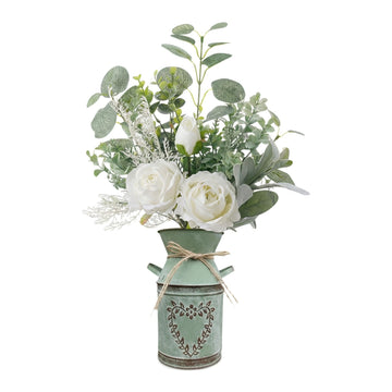 Faux Flowers in Vase 17.5" H Artificial Silk Roses Flower Fake Plants Eucalyptus Arrangement in Metal Vase Faux Silk