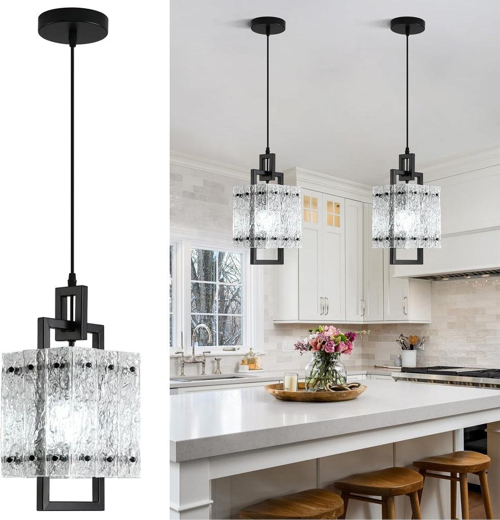 Black Pendant Light Fixtures Modern Pendant Lights Kitchen Island Water Ripple Glass Square Pendant Light Adjustable