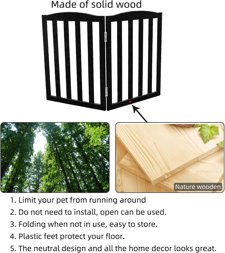 Freestanding Dog Gate Indoor, Doggie Gate Foldable Pet Gates for Doorways, Stairs or Hallways, Wooden Black Pet Gate