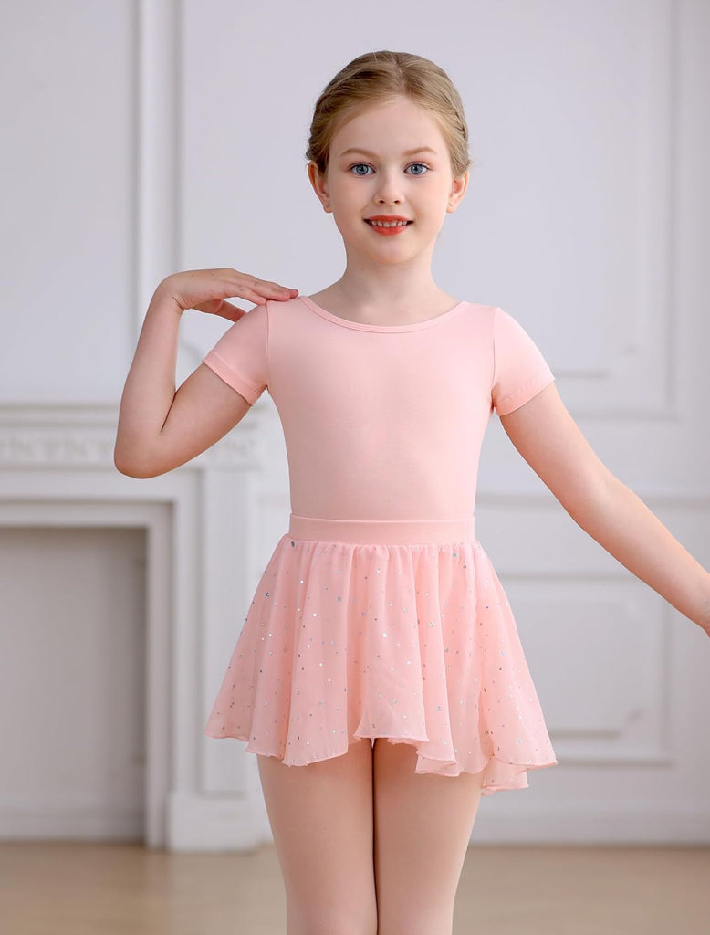 Girls Ballet Leotards Combo with Tights Skirt Removable Toddler Ballerina Dance Dresses Soft Outfit Short Sleeve