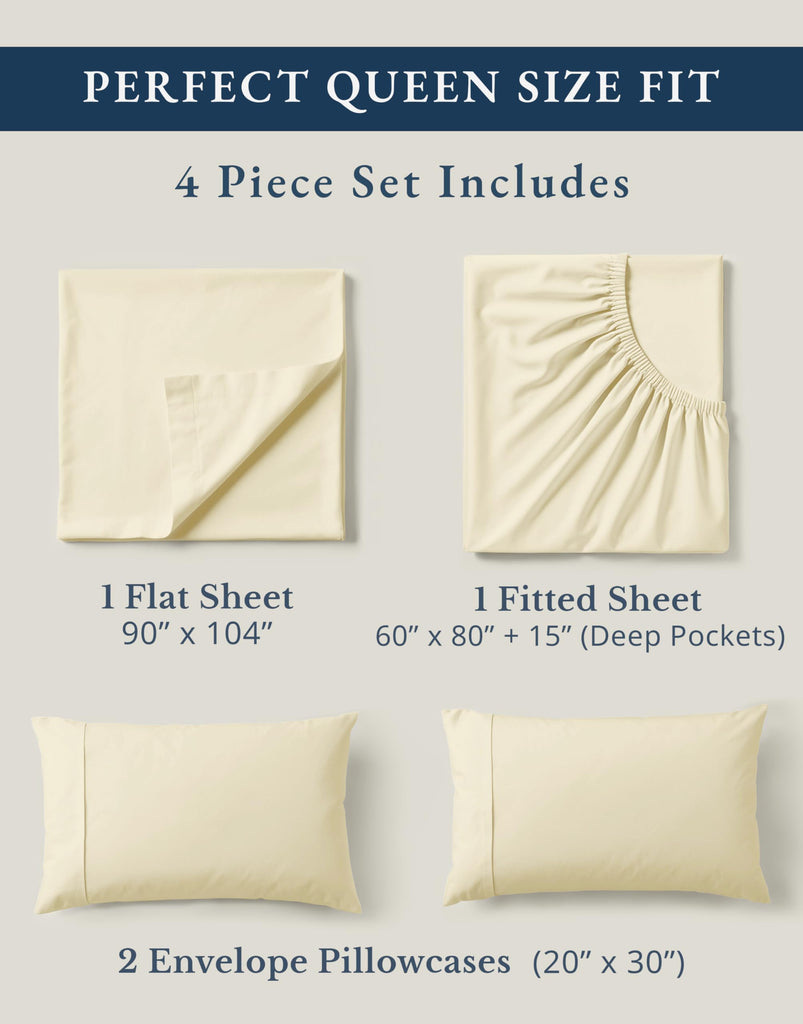 Queen Size Bed Sheets 100% Organic Cotton Soft 4pc - Natural