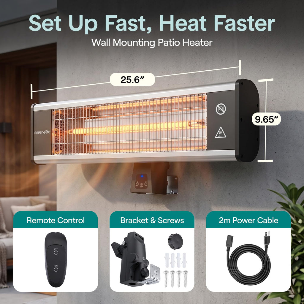 Infrared Patio Heater, Wall-Mounted Electric Heater with Remote Control, 1500W, IP65 Approved, Odorless
