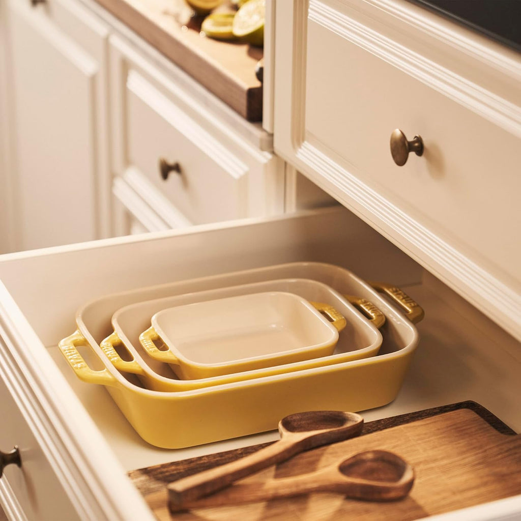 3-Pc Ceramic Dish Set, Oven Safe Up To 570°F, Yellow | Oven-to-Table for Lasagnas, Roasts & Apple Crisp. Dishwasher