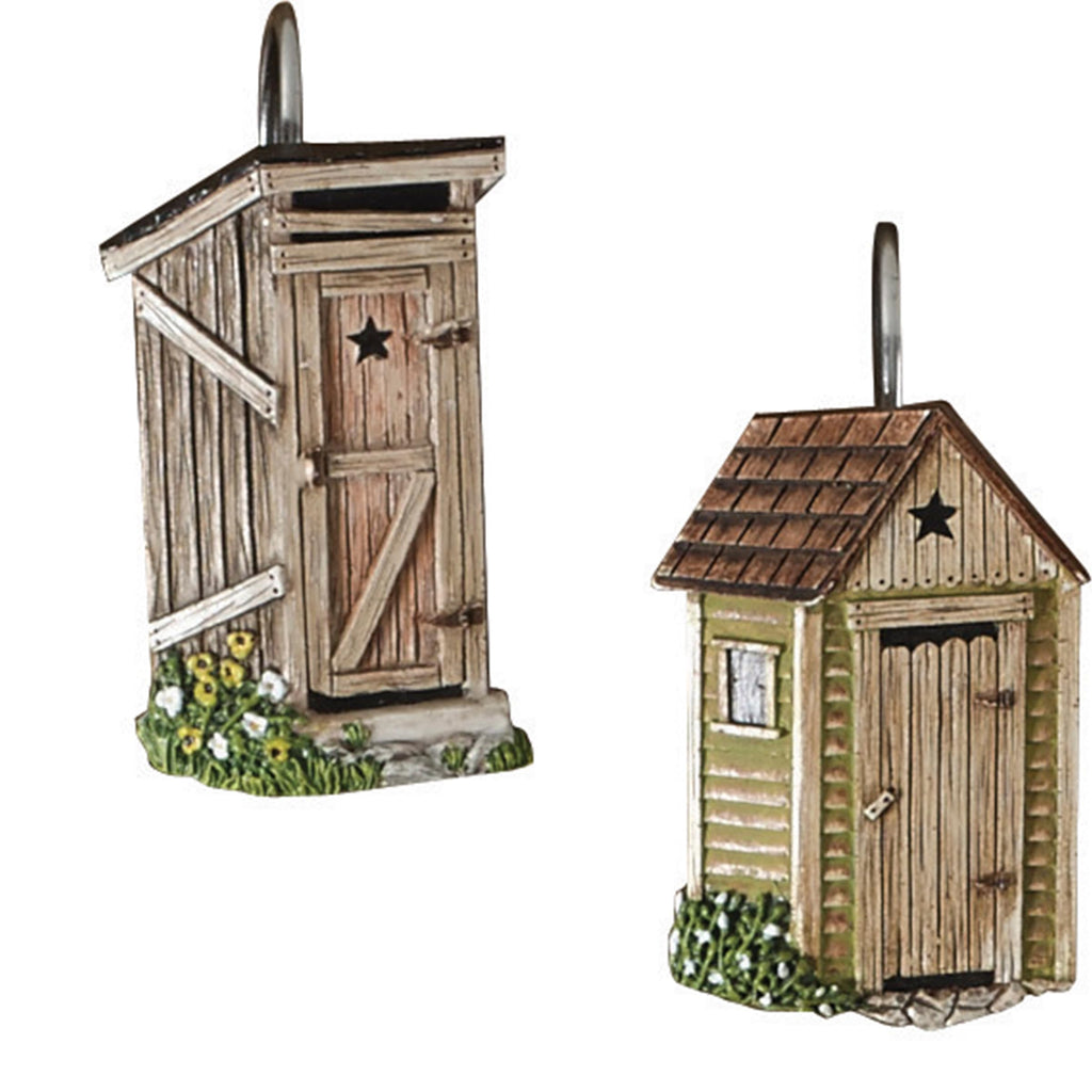 Outhouse Shower Curtain Hooks | Decorative Rustic Bathroom Curtain Hook Set of 12 | Hand-Painted Resin with Vintage