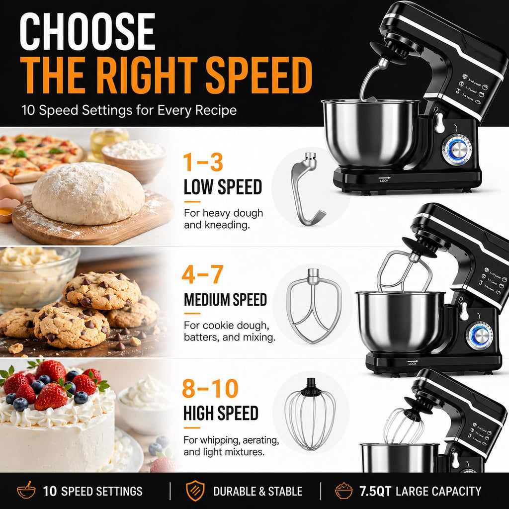 7.5 QT Stand Mixer, 10-Speed Tilt-Head Electric Mixer with Stainless Steel Bowl, Dough Hook, Whisk, Beater, Splash