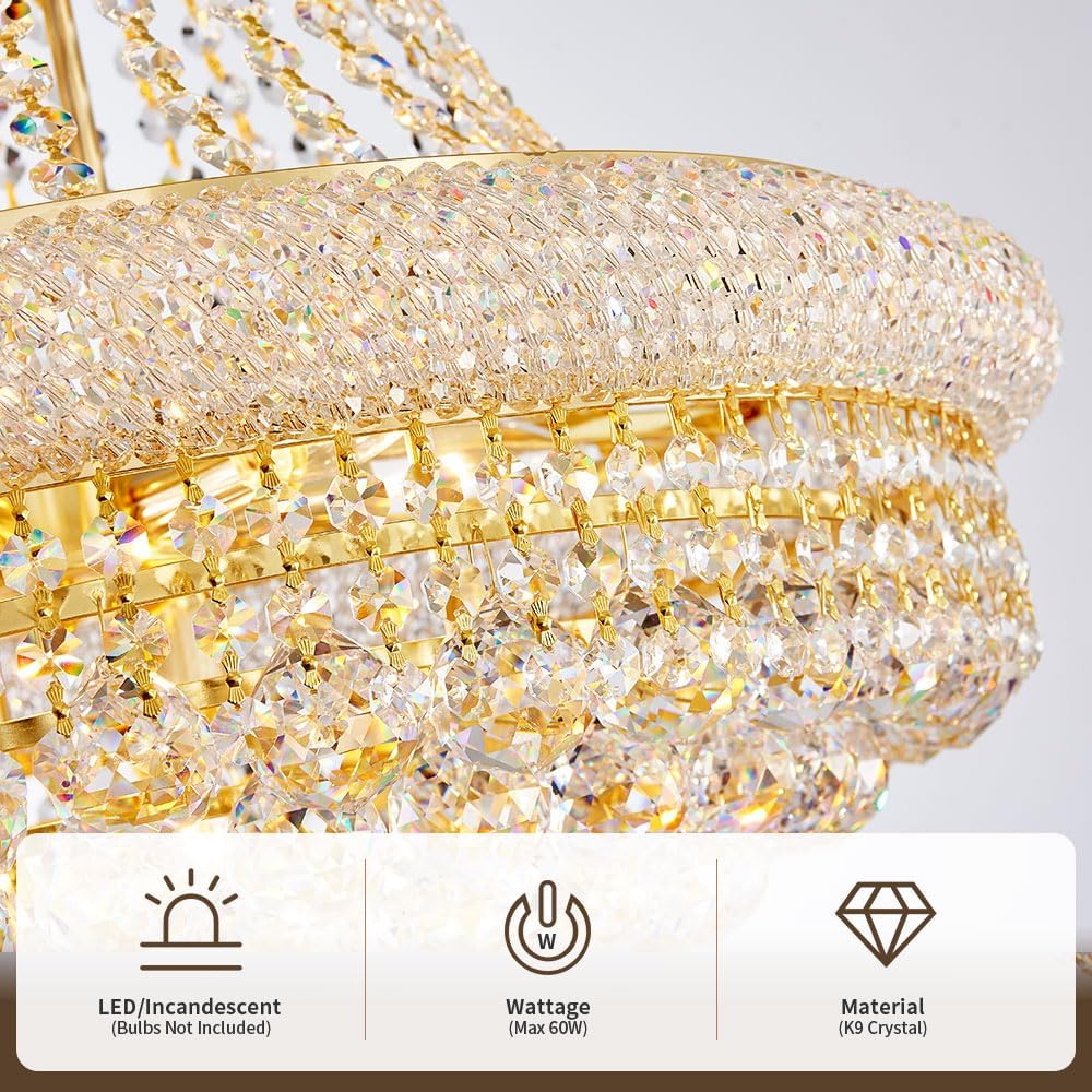 Large Gold Crystal Chandelier Light - Diameter 31.5", 3 Layers Ceiling Haning Chandeliers, Pendant Lighting for Living Room, Dining Room, Foyer A108-B0C61M9HYF