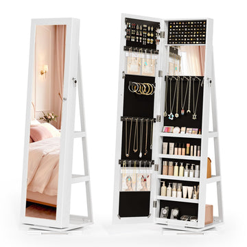 360° Swivel Jewelry Mirror Cabinet with Inside Makeup Mirror, Full Length Mirror with Jewelry Storage, Lockable