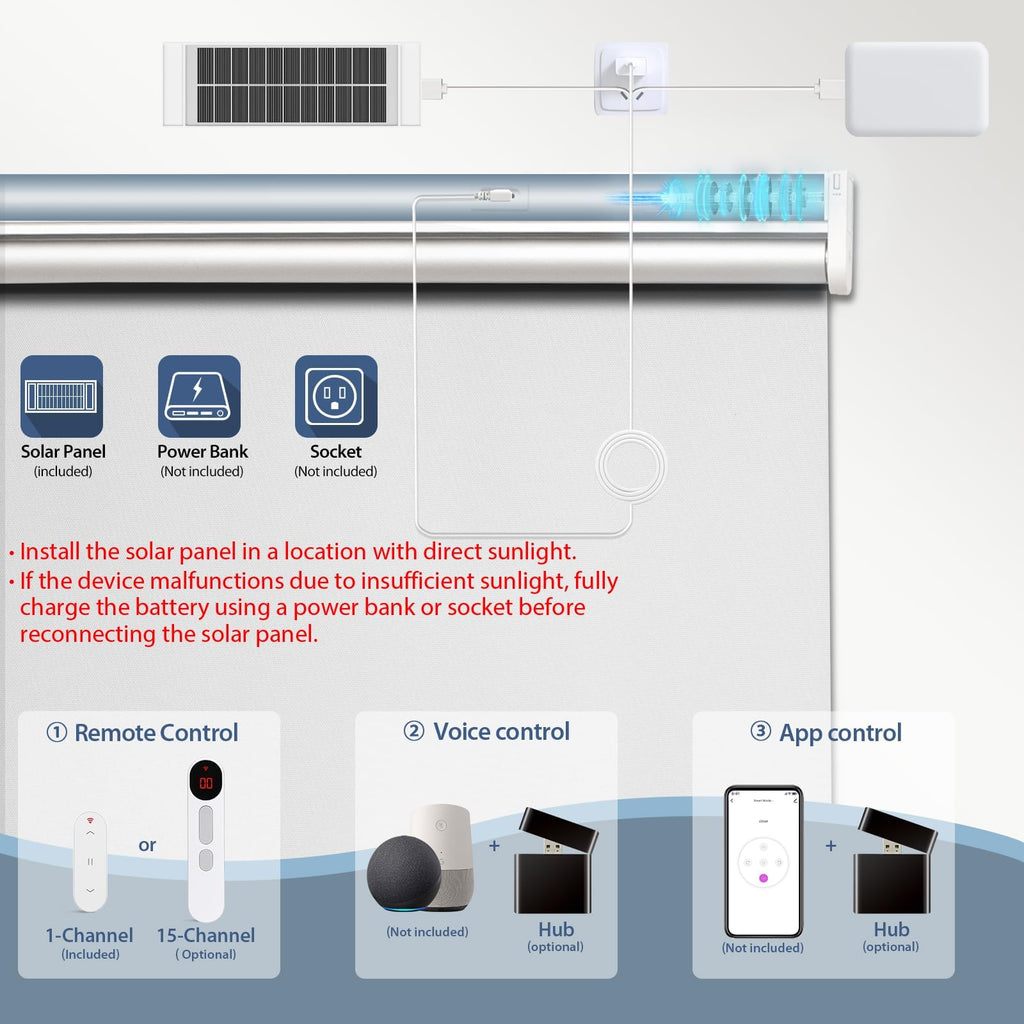 Motorized Blinds with Remote, Blackout Blinds with Solar Panel