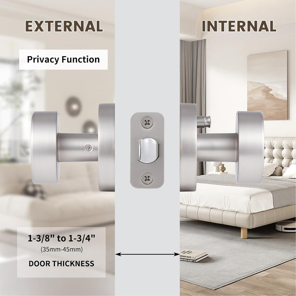 Brushed Nickel Door Knobs Interior, Satin Nickel Privacy Door Knob Interior with Lock, Round Modern Keyless Bedroom