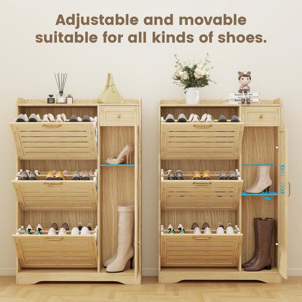 Shoe Cabinet Storage, Shoe Storage Cabinet with 3 Flip Drawers, Drawer & Adjustable Shelves, Slim Shoe Organizer
