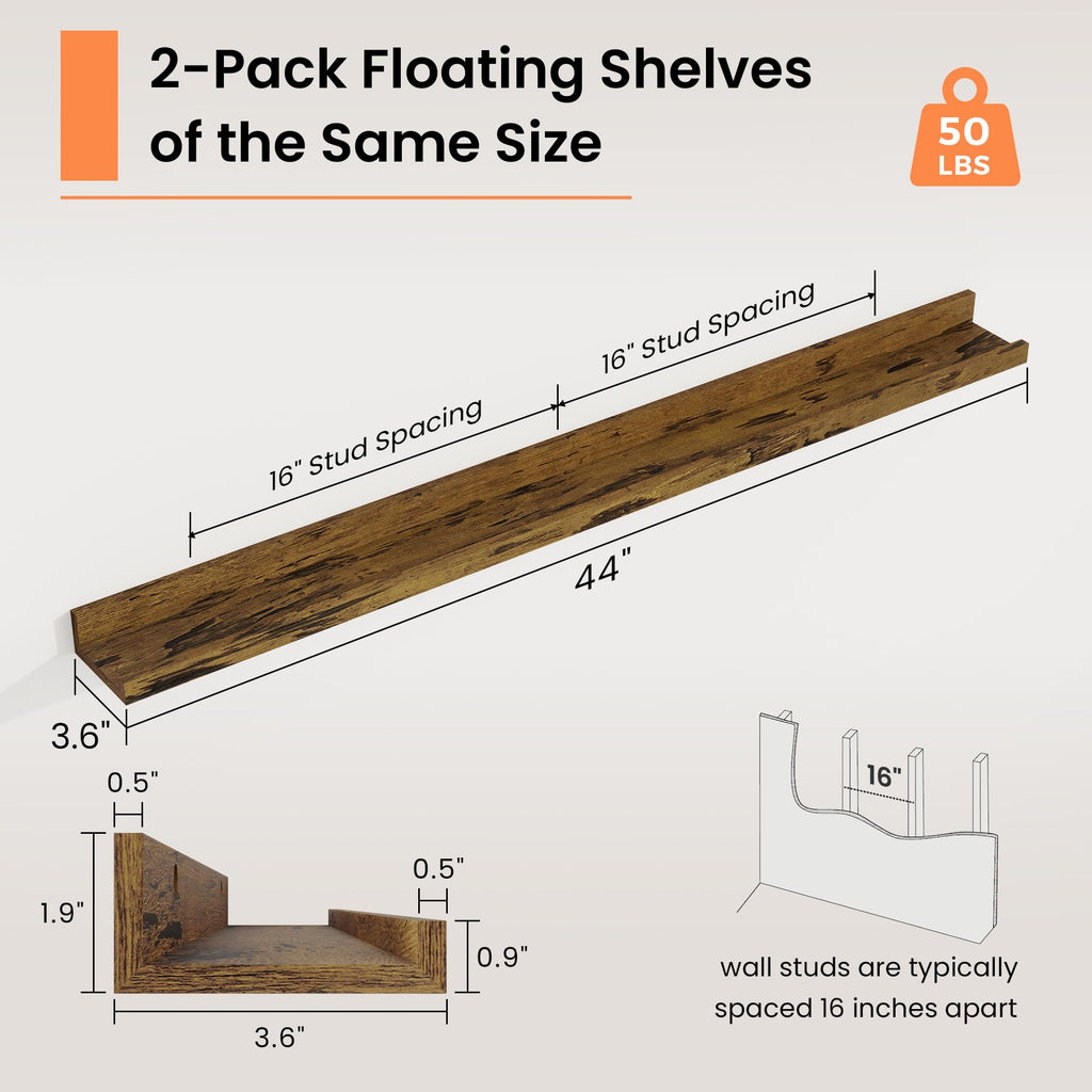 Picture Ledge Shelf, 44 inch Floating Wood Shelves Set of 2, Rustic Brown