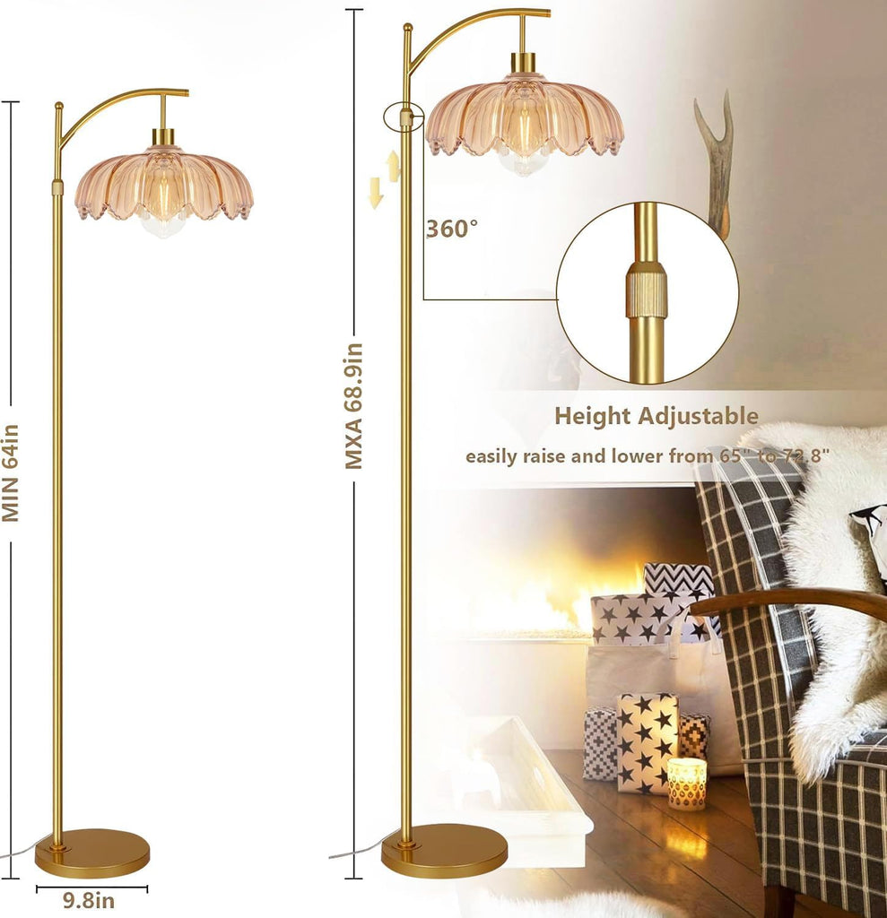 Gold Floor Lamp,Mid Century Modern Standing Lamp with Remote,Dimmable Brass Tall Lamp Amber Glass Vintage Retro Arc