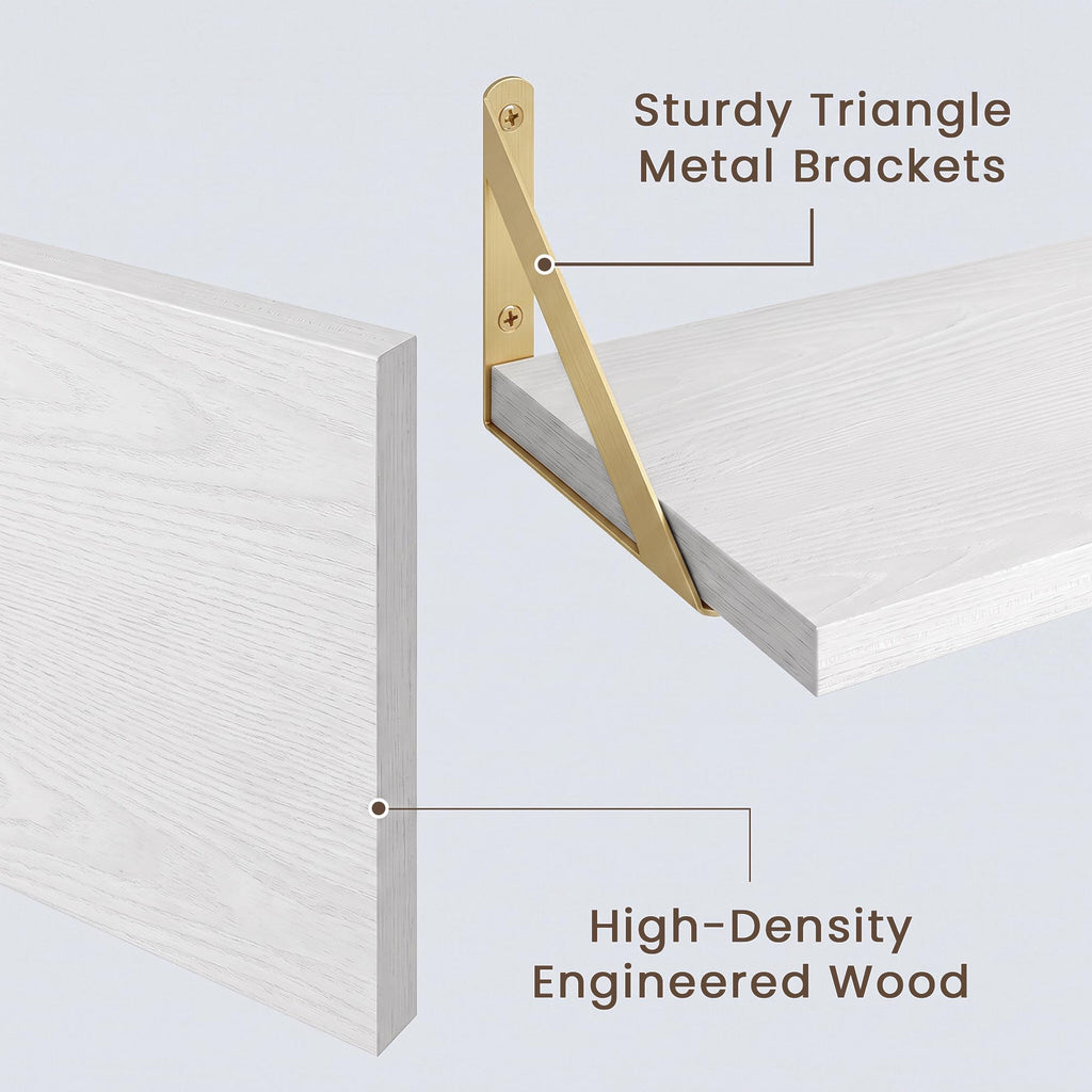 Wall Mounted Floating Shelves Set of 2, 36x8, White&Gold