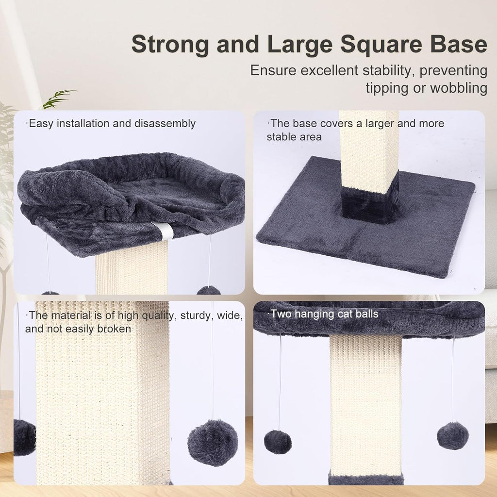 Cat Scratching Post for Indoor Cats, Sisal Cat Scratcher with Large Plush Perch, Vertical Posts with Elevated Bed