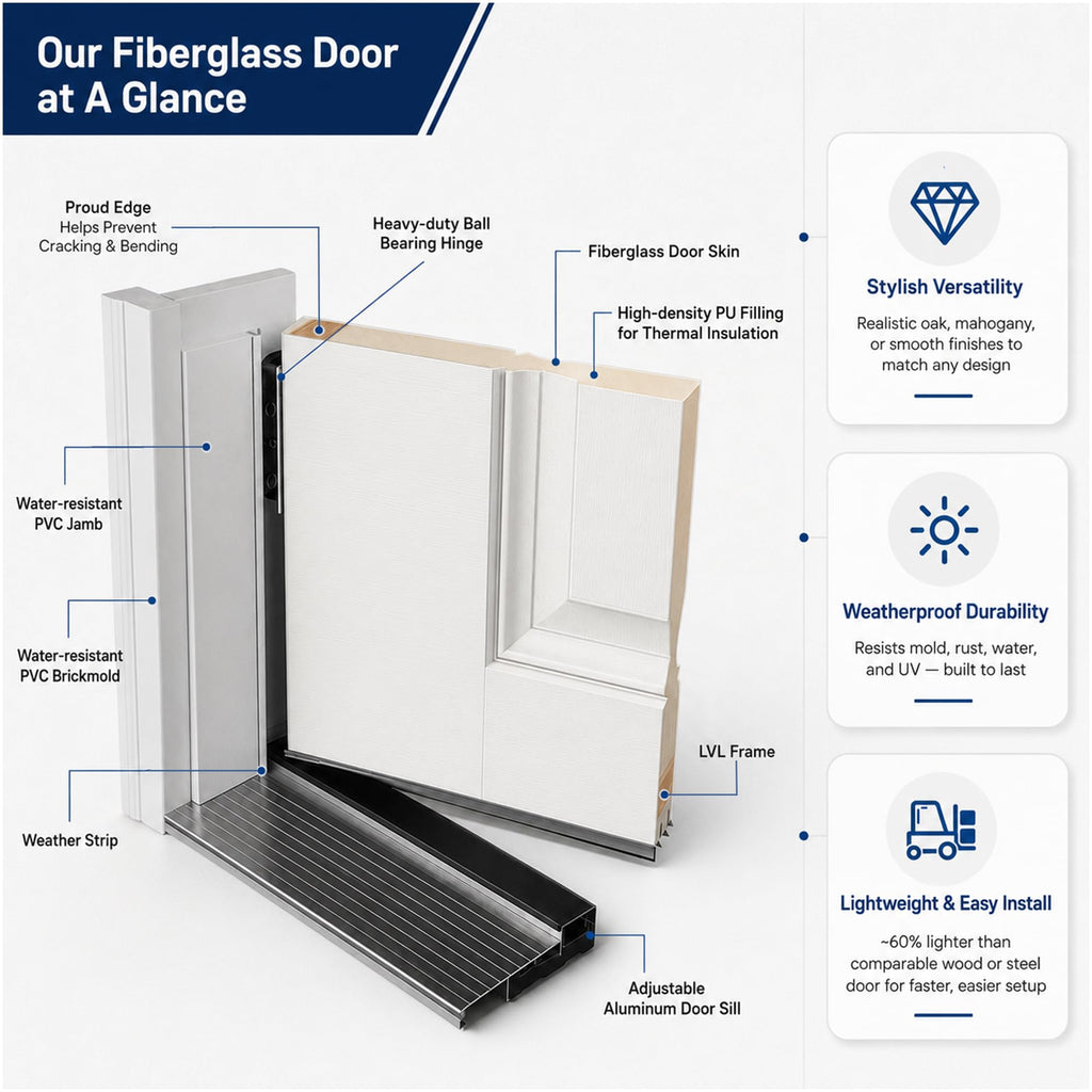36 x 80 White Fiberglass Front Entry Door, Woodgrain Texture, 4-Lite Frosted Low-E Glass, 4-9/16" Vinyl Frame &