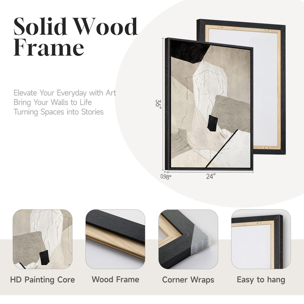 Framed Neutral Black and Beige Abstract Wall Art, 24x36 In