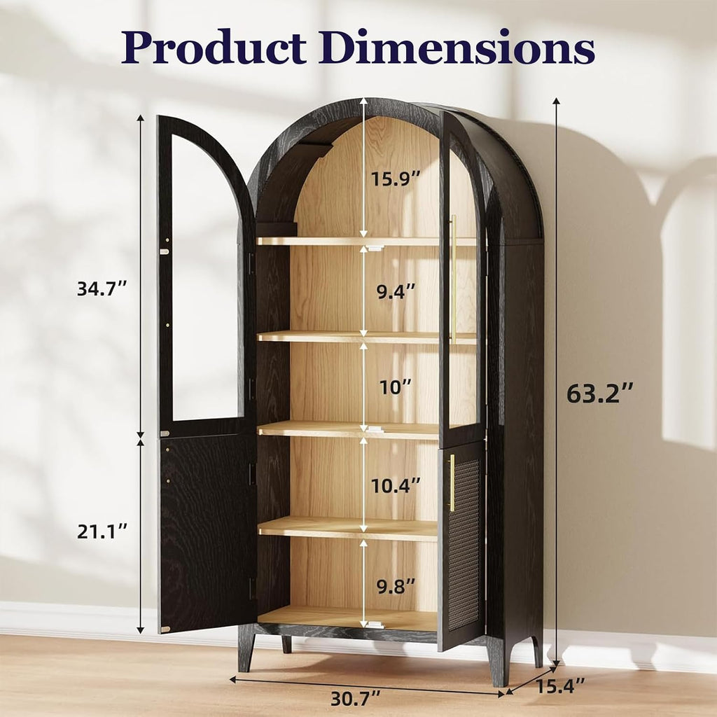 63" Tall Arched Cabinet with Glass Doors, Kitchen Pantry Storage Cabinet with Dust-Proof Rattan, 5-Tier Curio China