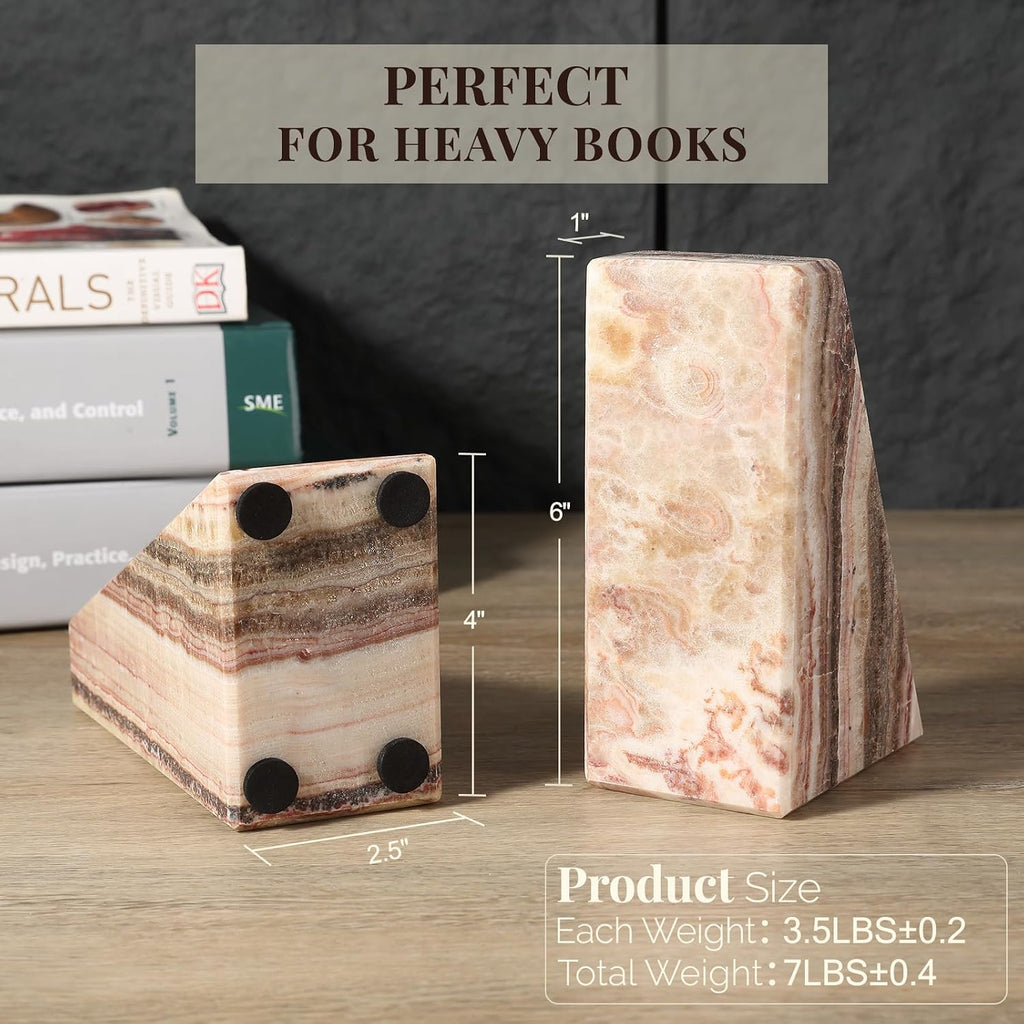 Natural Onyx Bookends for Shelves, Decorative Bookends for Heavy Books, Non-Slip Heavy Duty Book Stopper for