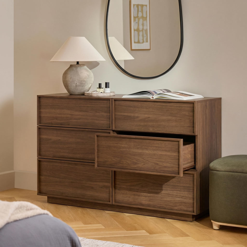 6-Drawer Dresser, 47.2" Wide, Wooden, Light Walnut