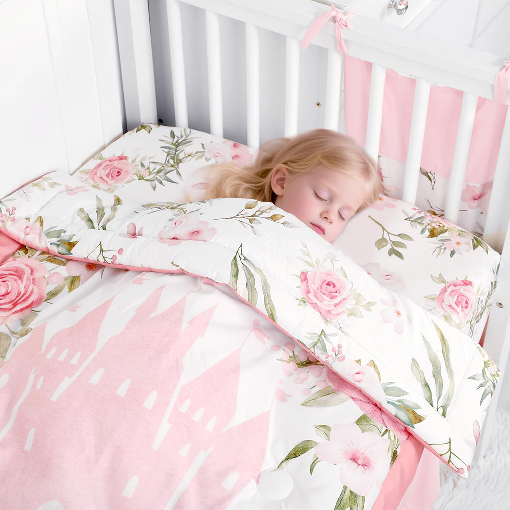 4 Pcs Pink Crib Bedding Set for Girls, Castle Baby Crib Comforter