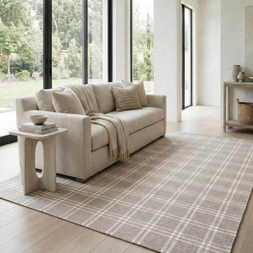 Dhyana Wool Living Room, Bedroom Area Rug - Plaid Checkered Geometric Striped - Contemporary Modern Minimalist