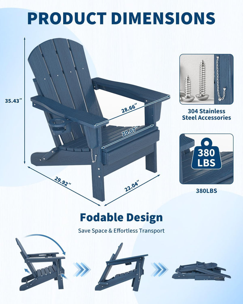 HDPE Folding Adirondack Chair Set of 2 with Side Table, Navy Blue | All-Weather Resistant & Wood Textured & Cup