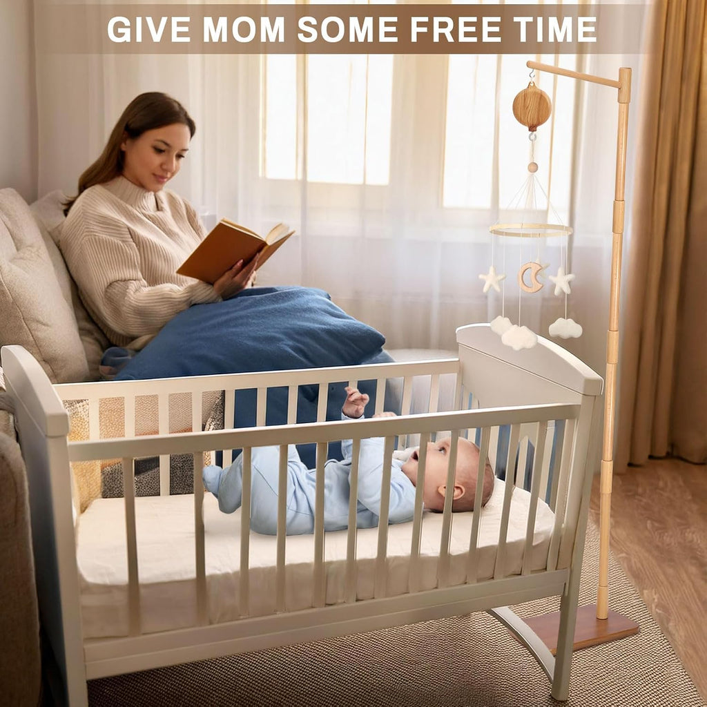 Floor-Standing Crib Mobile Arm with Music Box - 65 Inch Mobile Arm for Crib - 100% Beech Wood - Crib Mobile Motor