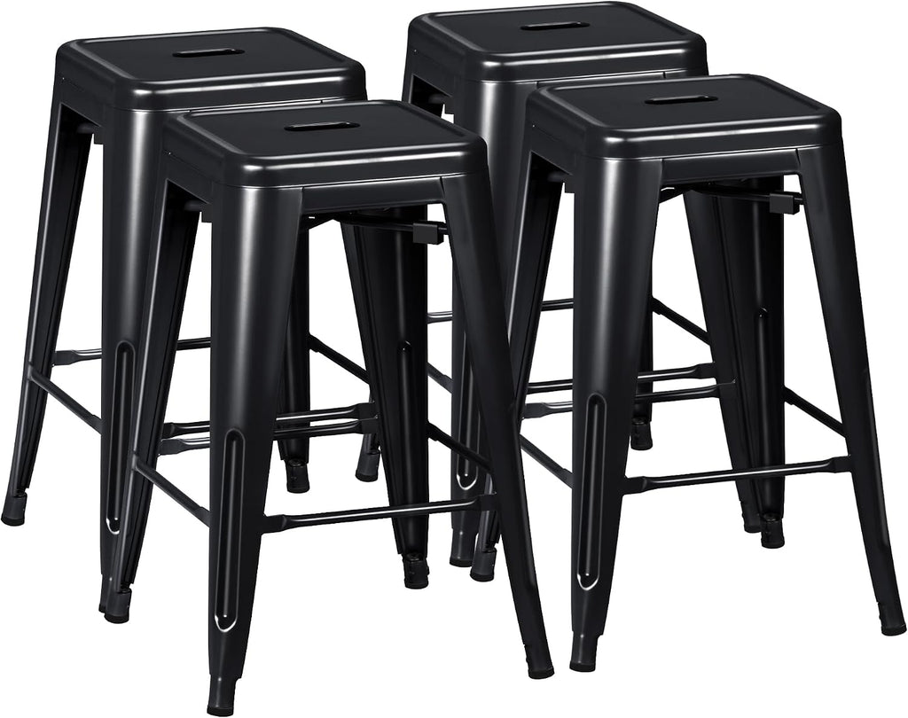 24 Inch Metal Bar Stools Set of 4, Counter Height Bar Stools Height High Backless Stools Industrial Stackable Bar