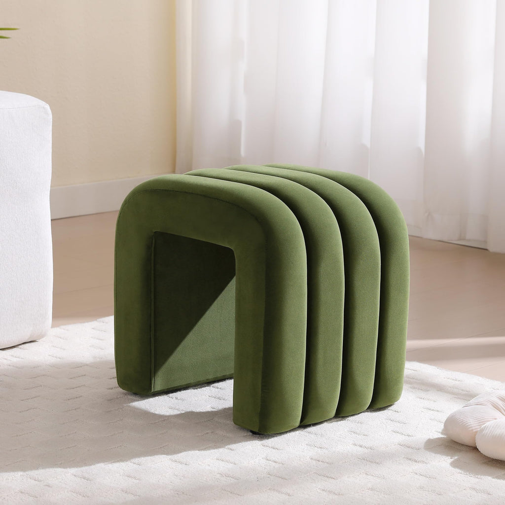 Velvet Pouf Ottoman, Olive Green Foot Rest for Couch 18 inch Cute Vanity Chairs for Makeup, Sturdy Frame, Living Room