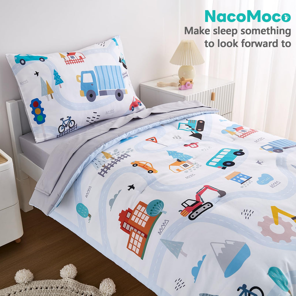 4-Piece Cars Toddler Bedding Set for Boys Girls- Soft & Skin Friendly Toddler Bed Set Includes Toddler Comforter