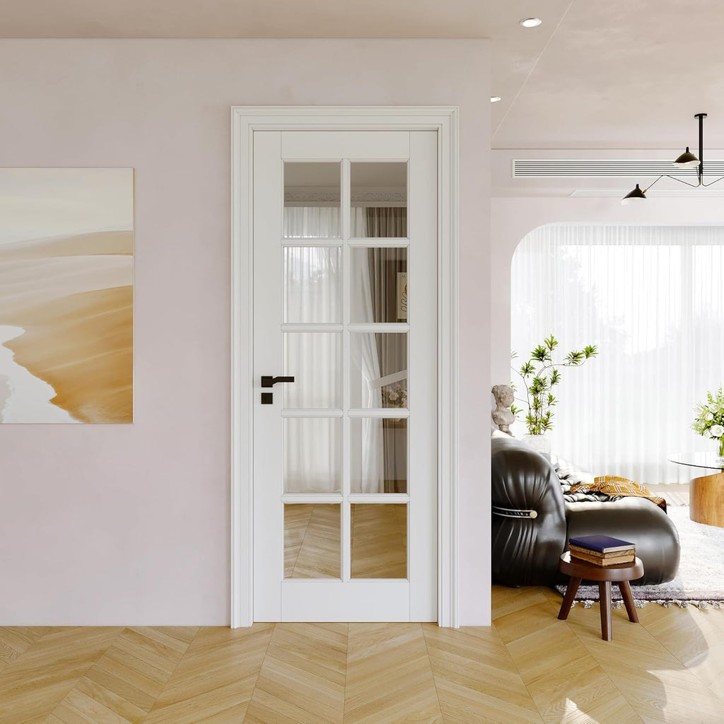 30"x80" CARB P2 Solid Core & Pre-Finished Thick SGCC Clear Glass Doors, Interior Door for Room, 10 Lite Glass Swing