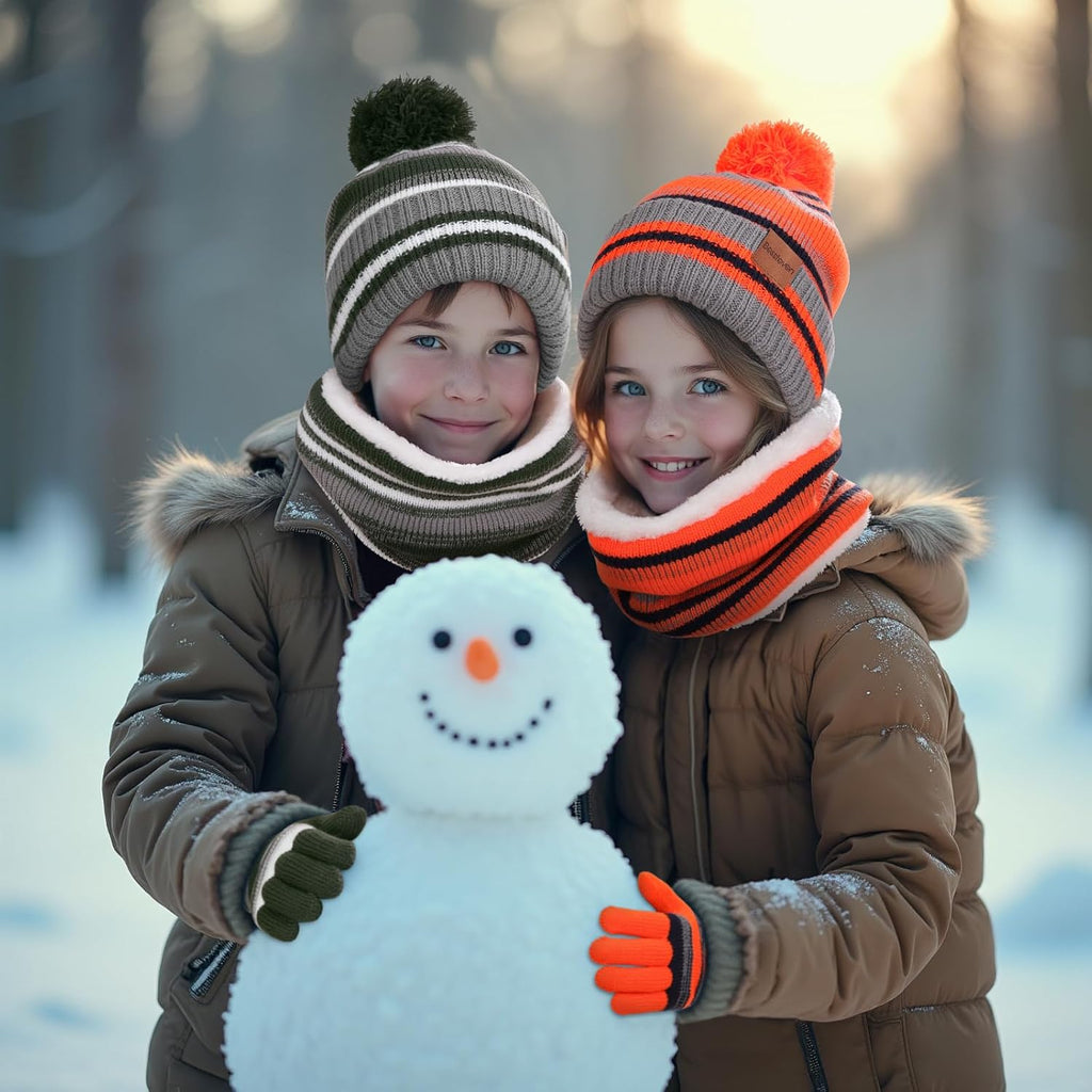 Kids Winter Hat Gloves Scarf Set: Girls Boys Beanie Fleece Lined