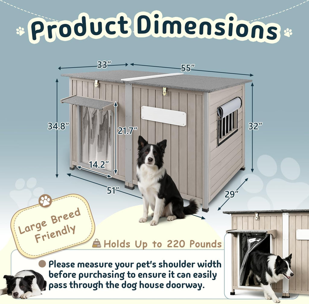 55" Extra Large Dog House Outdoor for Medium to Large Breeds, Weatherproof