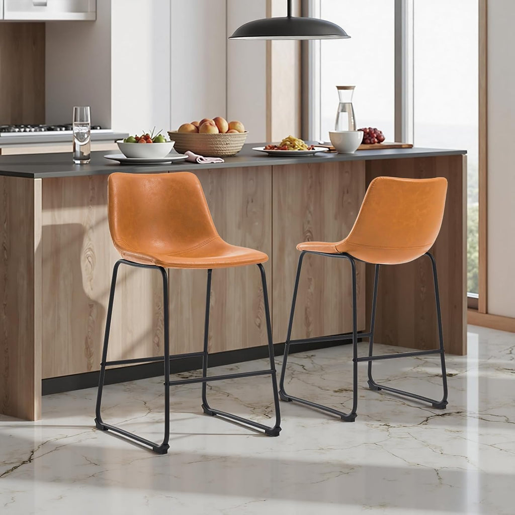 26 Inch Bar Stools Set of 2, Counter Height Bar stools Island, Modern Crazy Horse Leather Bar Stool with Back
