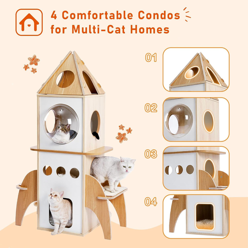 Modern Cat Tree Rocket Shape, 54" Wood Cat Tower Multilevel for Indoor Cats, Cat Furniture with 3 Condos, Dangling