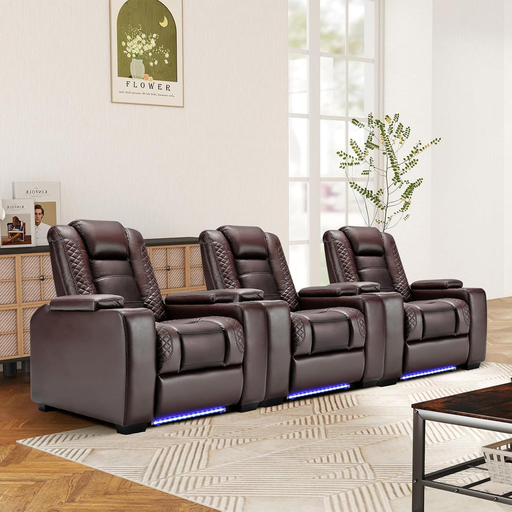 Power Home Theater Seating Set of 3, Brown Faux Leather Electric Recliner Chair with Powered Headrest, Dual Motors Movie Reclining Chairs with LED Lights,USB Port,Cup Holders, Hidden Arm Storage A120-B0D8C2SSLG