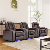 Power Home Theater Seating Set of 3, Brown Faux Leather Electric Recliner Chair with Powered Headrest, Dual Motors Movie Reclining Chairs with LED Lights,USB Port,Cup Holders, Hidden Arm Storage A120-B0D8C2SSLG
