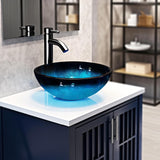 Vessel Sink 12" Bathroom Sinks Tempered Glass Blue Art Basin Round Bowl with Faucet Combo, Blue