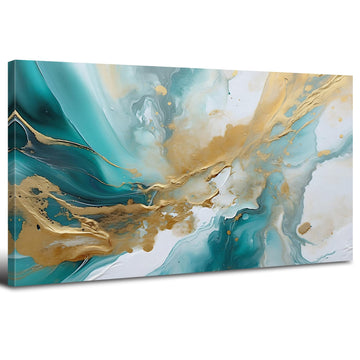 Abstract Teal Canvas Wall Art Marble Canvas Picture Turquoise Wall Decor Watercolor Teal and Gold Fluid Textured