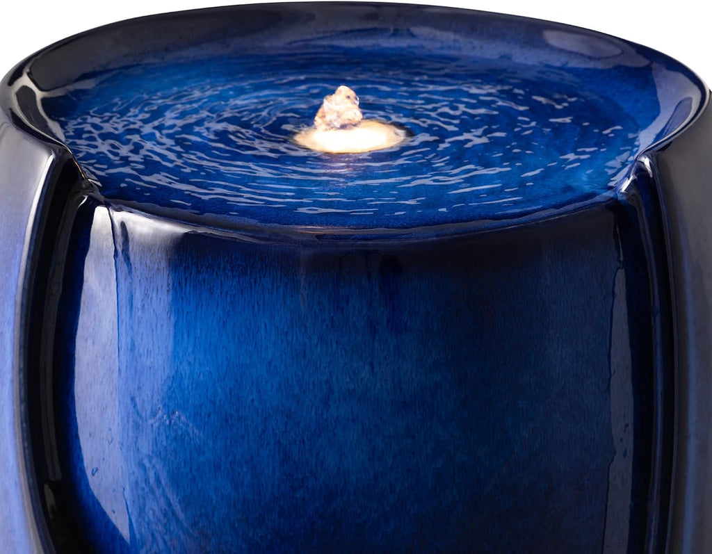 29.25" H Outdoor Water Fountain Ceramic Jar Water Fountain with LED Light and Submersible Pump Vase Freestanding
