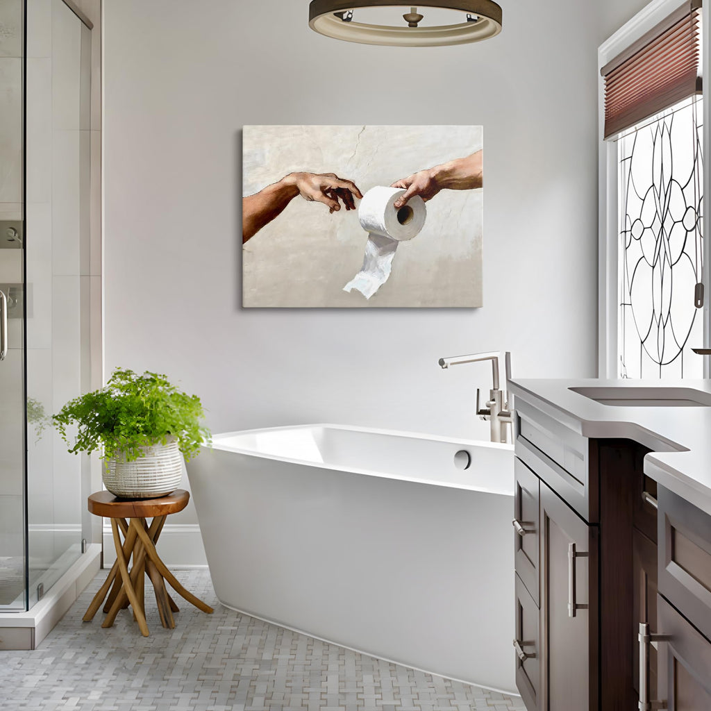 Funny Toilet Paper Wall Art, Michelangelo's Creation of Adam Parody with Toilet Paper Roll, Humorous Bathroom Canvas