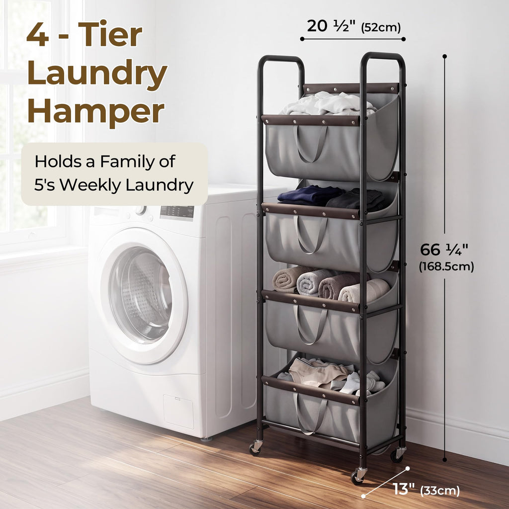 4 Tier Laundry Hamper with Wheels and Removable Bags, Grey